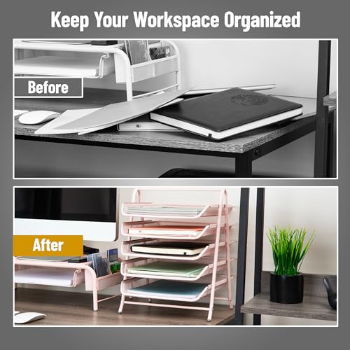 Mind Reader 5-Tier Paper Tray Organizer, Vertical Desktop File Storage Rack, Office, Metal Mesh, Pink - Image 5