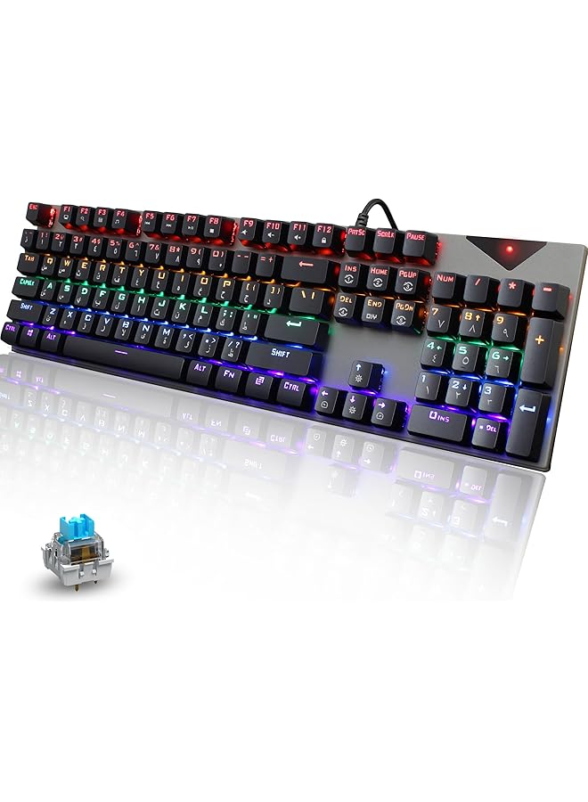 ALASAMCO English Arabic Mechanical Gaming Keyboard With Led Backlight 104 Keys Fast Response Usb Port E Sport Waterproof Wired Keyboard For Windows/Macos/Android Pc Gamers Black Keys With Gray Panel - Image 1