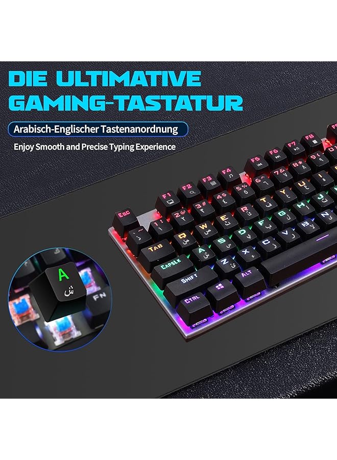 ALASAMCO English Arabic Mechanical Gaming Keyboard With Led Backlight 104 Keys Fast Response Usb Port E Sport Waterproof Wired Keyboard For Windows/Macos/Android Pc Gamers Black Keys With Gray Panel - Image 2