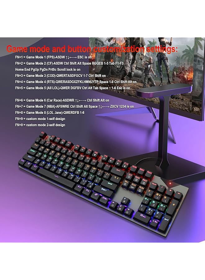 ALASAMCO English Arabic Mechanical Gaming Keyboard With Led Backlight 104 Keys Fast Response Usb Port E Sport Waterproof Wired Keyboard For Windows/Macos/Android Pc Gamers Black Keys With Gray Panel - Image 5