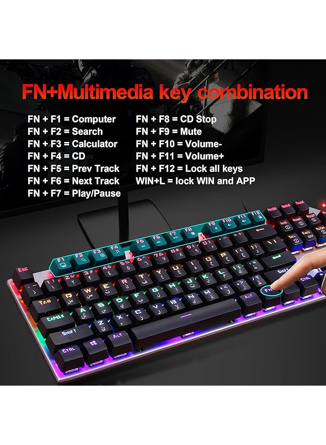 ALASAMCO English Arabic Mechanical Gaming Keyboard With Led Backlight 104 Keys Fast Response Usb Port E Sport Waterproof Wired Keyboard For Windows/Macos/Android Pc Gamers Black Keys With Gray Panel - Image 4