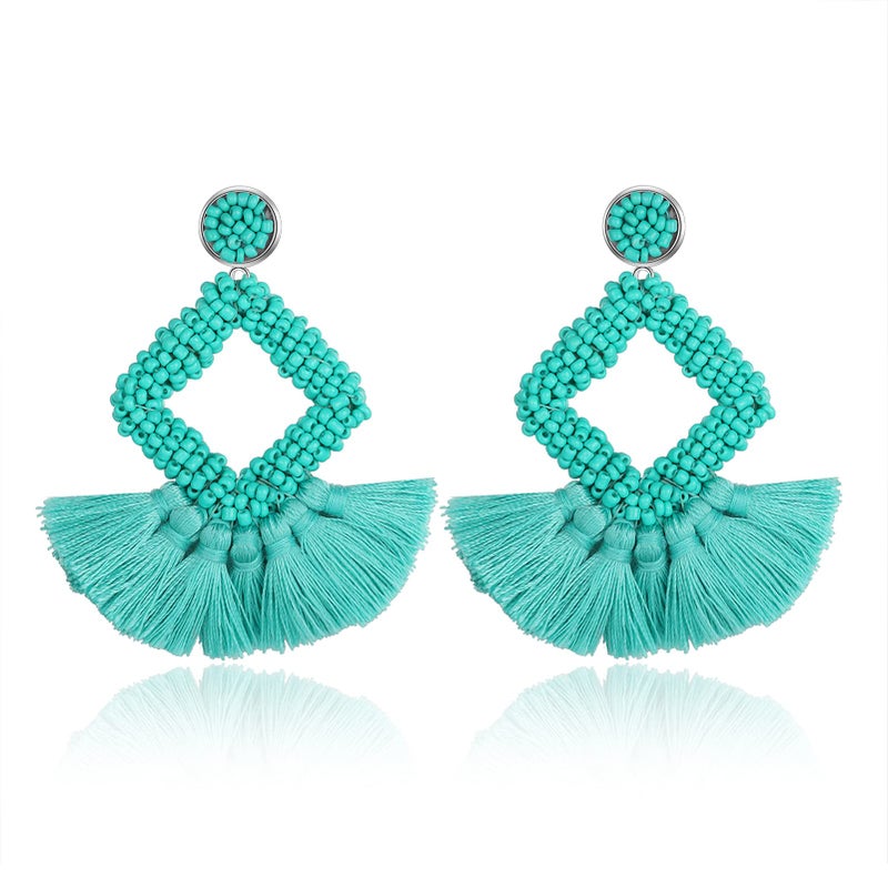 YBMYCM Statement Tassel Drop Earrings - Bohemian Beaded Square Fringe Green Dangle Earrings Gift for Women St Patricks Day Earrings - Image 1