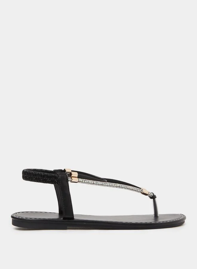 تايك تو Black Embellished Flat Thong Sandals