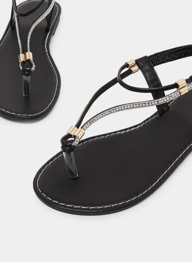 Take Two  Black Embellished Flat Thong Sandals for Women | Best Price UAE