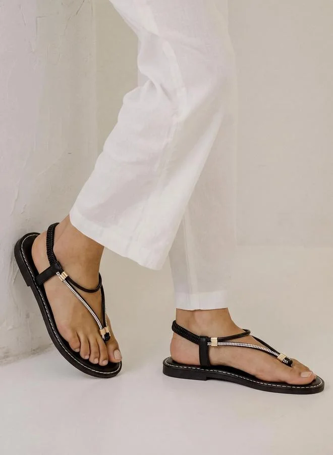 Take Two  Black Embellished Flat Thong Sandals for Women | Best Price UAE