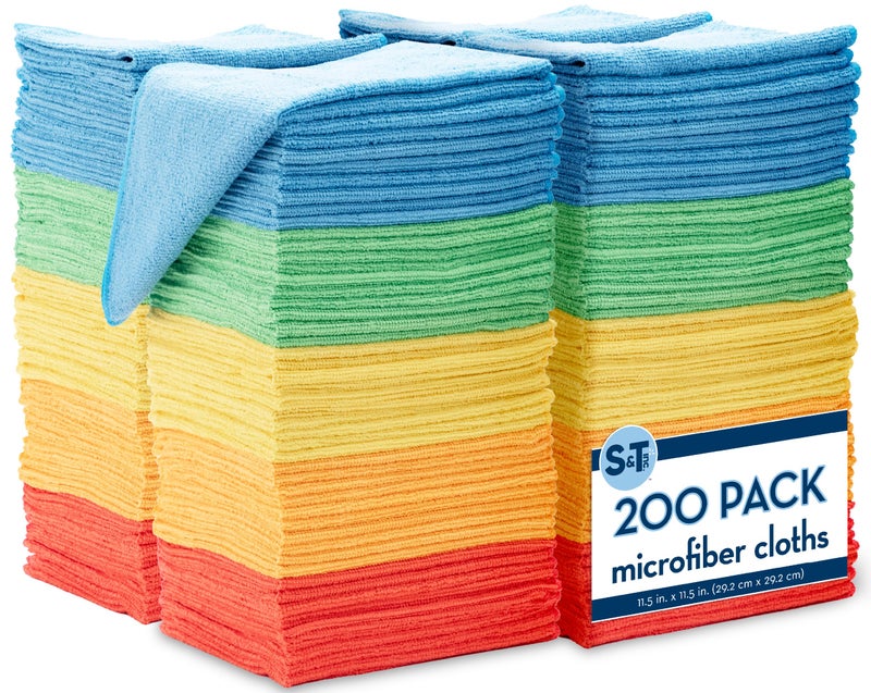 S&T INC. ST INC 200 Pack Microfiber Cleaning Cloth Bulk Towels for Home Reusable Microfiber Towels for Cars Cleaning Rags Assorted 115 Inches x 115 Inches 200 Count