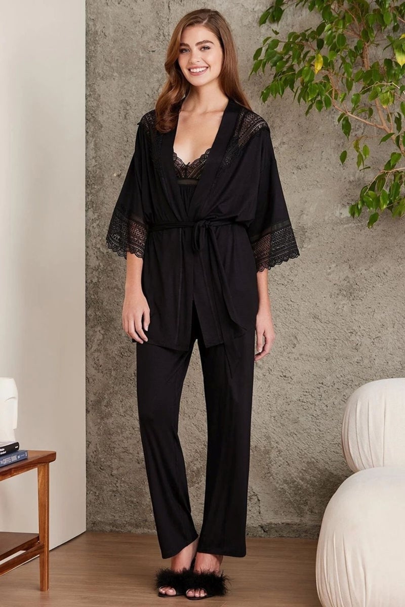 pierre cardin 2820 Black Lace Combed Cotton 3-Piece Women's Shorts Pajama Set  - Image 2