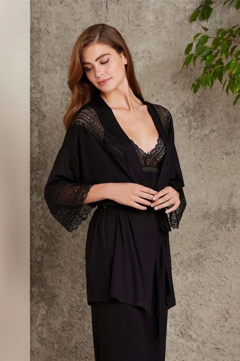 pierre cardin 2820 Black Lace Combed Cotton 3-Piece Women's Shorts Pajama Set  - Image 3
