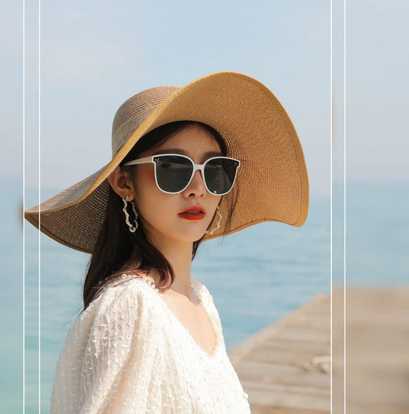 ericotry Women Straw Beach Sun Hat Wide Brim Foldable Floppy Beach Cap with Bow (Khaki) - Image 5