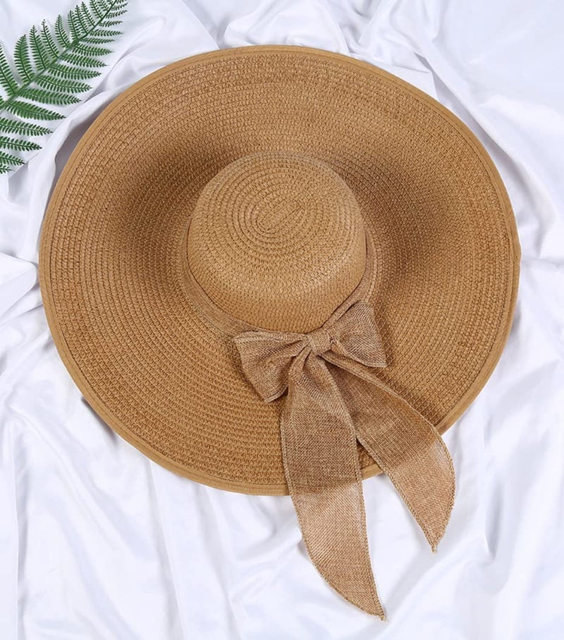 ericotry Women Straw Beach Sun Hat Wide Brim Foldable Floppy Beach Cap with Bow (Khaki) - Image 4
