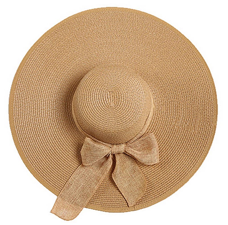 ericotry Women Straw Beach Sun Hat Wide Brim Foldable Floppy Beach Cap with Bow (Khaki) - Image 1