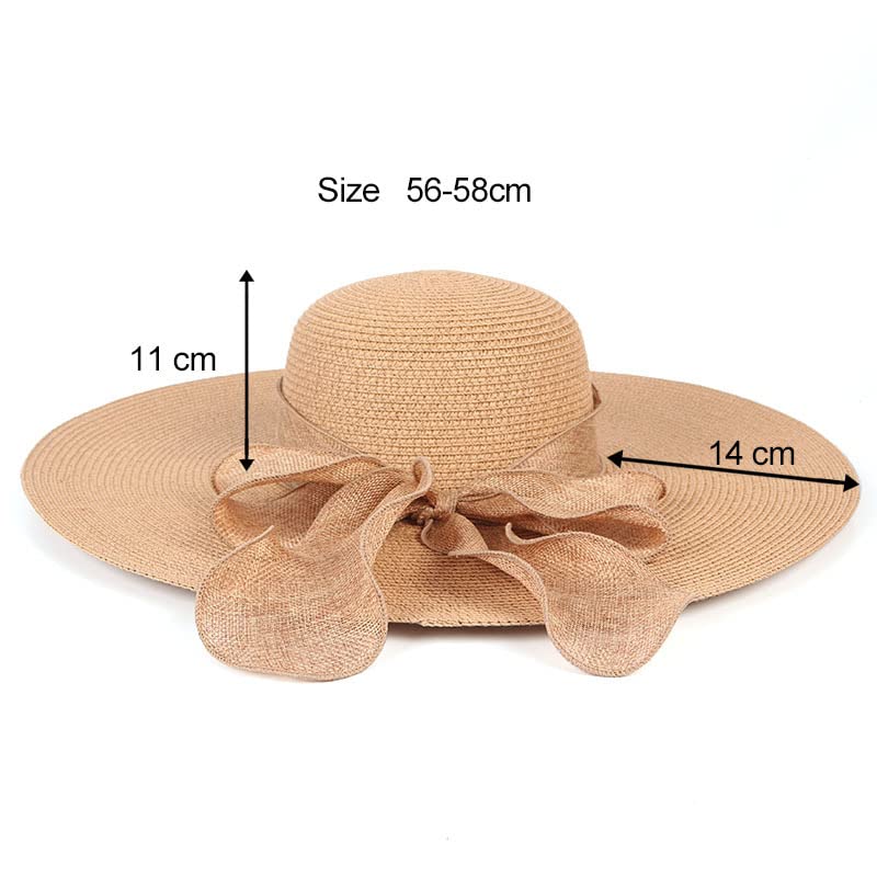 ericotry Women Straw Beach Sun Hat Wide Brim Foldable Floppy Beach Cap with Bow (Khaki) - Image 2