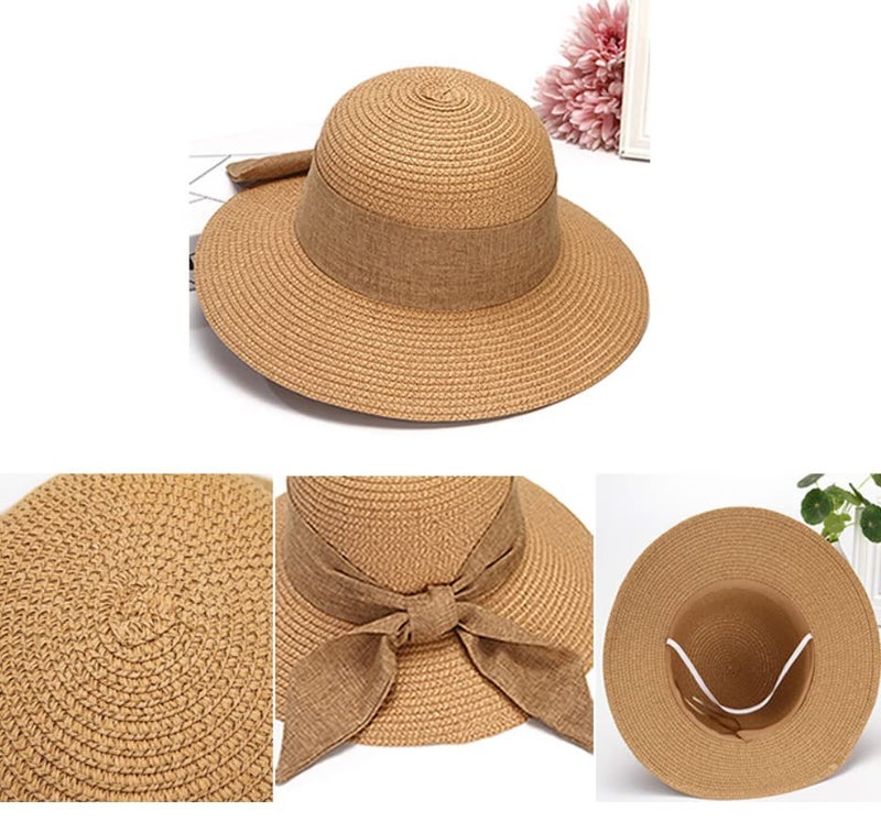 ericotry Women Straw Beach Sun Hat Wide Brim Foldable Floppy Beach Cap with Bow (Khaki) - Image 3