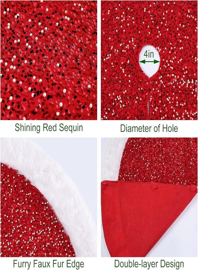 PartySanthe 36 Inch Red Christmas Tree Skirt with Sequin Faux Fur Red Christmas Decorations Xmas Trees Rug Mat Cover Base Christmas Tree Ornaments 1pc - Image 5
