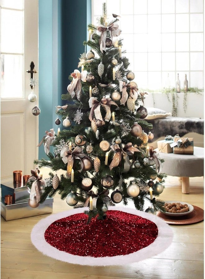PartySanthe 36 Inch Red Christmas Tree Skirt with Sequin Faux Fur Red Christmas Decorations Xmas Trees Rug Mat Cover Base Christmas Tree Ornaments 1pc - Image 4