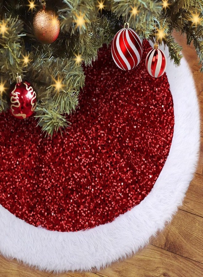 PartySanthe 36 Inch Red Christmas Tree Skirt with Sequin Faux Fur Red Christmas Decorations Xmas Trees Rug Mat Cover Base Christmas Tree Ornaments 1pc - Image 1