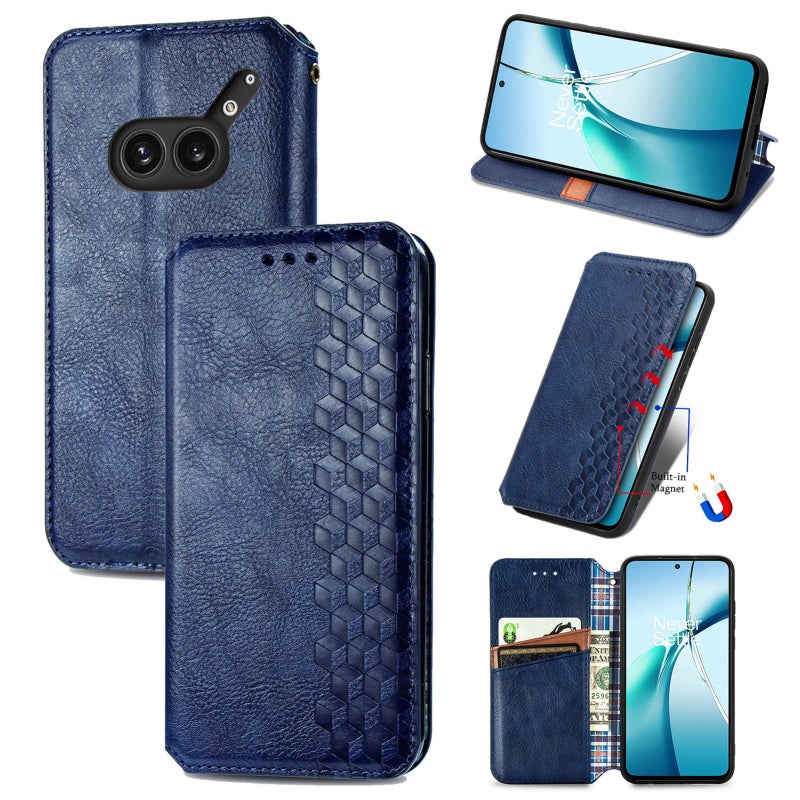 HuHa Case Cover For Nothing Phone 2a Plus Cubic Grid Pressed Magnetic Leather Phone Case(Blue) - Image 1