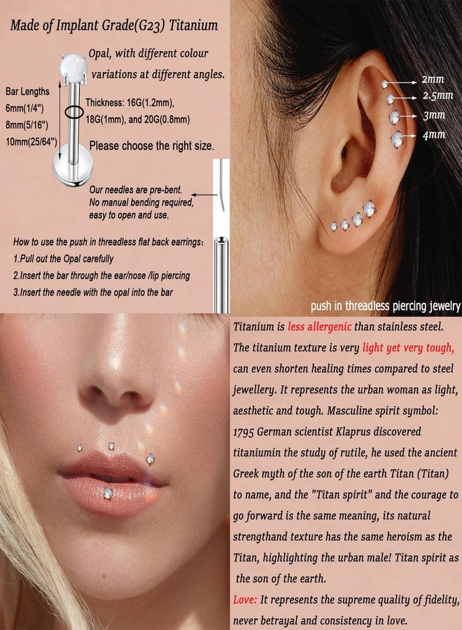 Lantine 18g 8mm Threadless Push in Nose Rings Studs Implant Grade F136 Titanium Flat Back 3mm Opal Stud Earrings Lip Labret Medusa Monroe Helix Daith Cartilage Tragus Conch Lobe Piercing Jewelry - Image 4