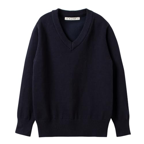 ACESTAR Boys and Girls' Uniform Cotton V-Neck Collar Sweaters Long Sleeve Pullover Knit Sweater (Navy Blue,140/7-8Years) - Image 1