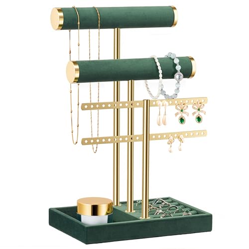 bussdis 3 Tier Bracelet Holder Display Detachable T Bar Dark Green Velvet Bracelet Holder Jewelry Holder Organizer for Bracelet Necklace Earrings Rings - Image 1