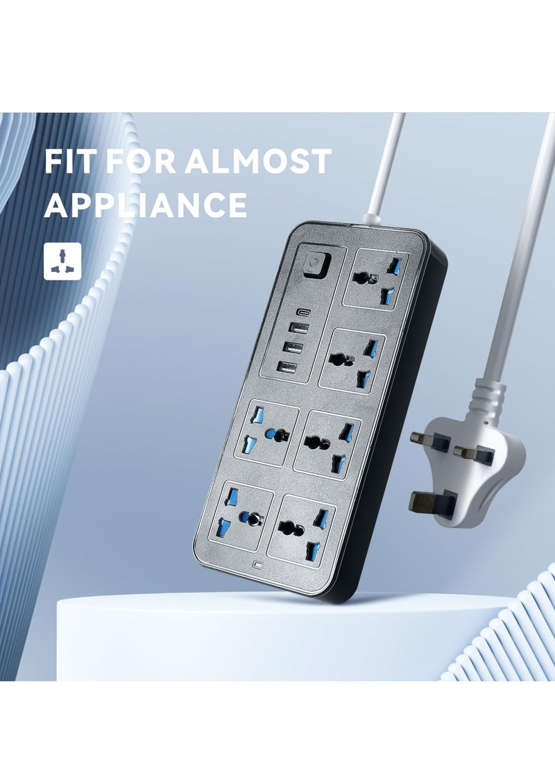 SOLARAE Universal Extension Lead with Multiple Function,UK Plug 3 Pin Socket Outlet with 6 Gang, 3 USB Port, 1 Type-C Port,1.8M Electric Socket Mains Strip for Home,Kitchen,and Office - Image 2