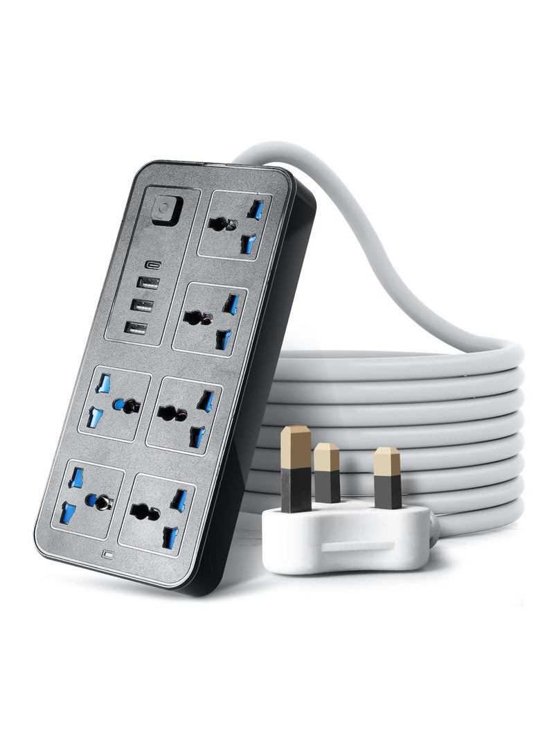 SOLARAE Universal Extension Lead with Multiple Function,UK Plug 3 Pin Socket Outlet with 6 Gang, 3 USB Port, 1 Type-C Port,1.8M Electric Socket Mains Strip for Home,Kitchen,and Office - Image 1