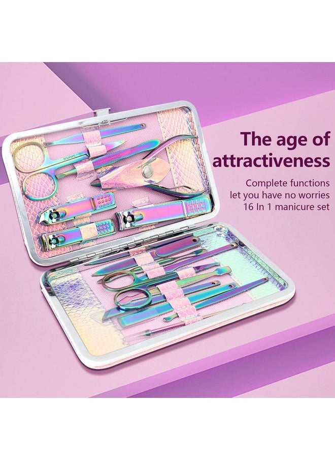 Onnea fashion - Manicure Set Professional Pedicure Tools 16 In 1 Nail Clipers Care Kit Stainless Steel Laser Design Cuticle Nippers Mini Emergency Kit For Women With Mermaid Pearl Shinning Pu Leather Case - Image 1