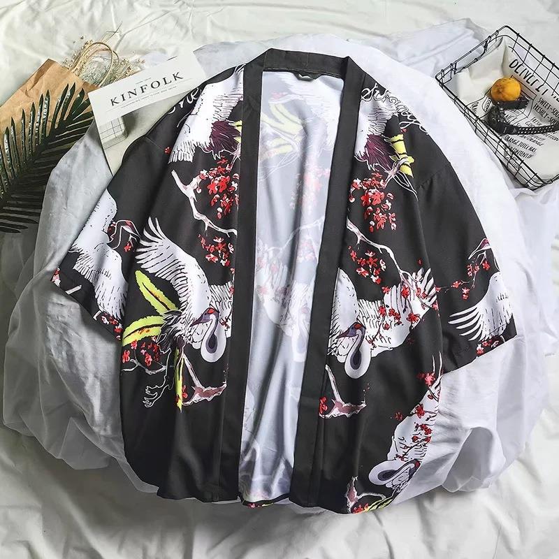 Summer Retro Crane Kimono Cardigan Black White red crane Black (921)