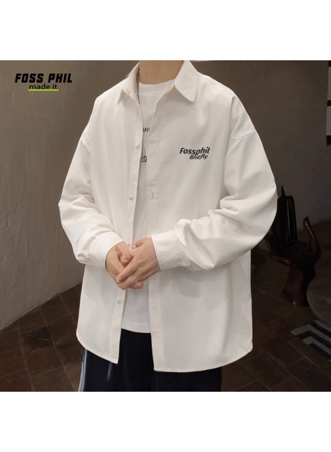 Foss Phil Casual Shirt For Men, Spring And Autumn Season, Cool Printed Long-sleeve Loose Versatile Undershirt Jacket, Fpcs9 White L - Image 1