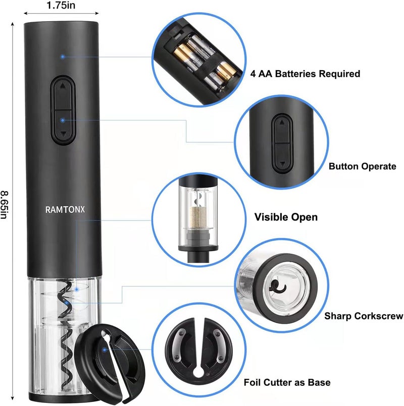 Ramtonx Electric Wine Bottle Opener, Wine Opener Corkscrew Key Set with Foil Cutter,Automatic Reusable Easy Carry Black Wine Opener Gift for Waiter Women in Home Kitchen Party Bar Outdoor - Image 2