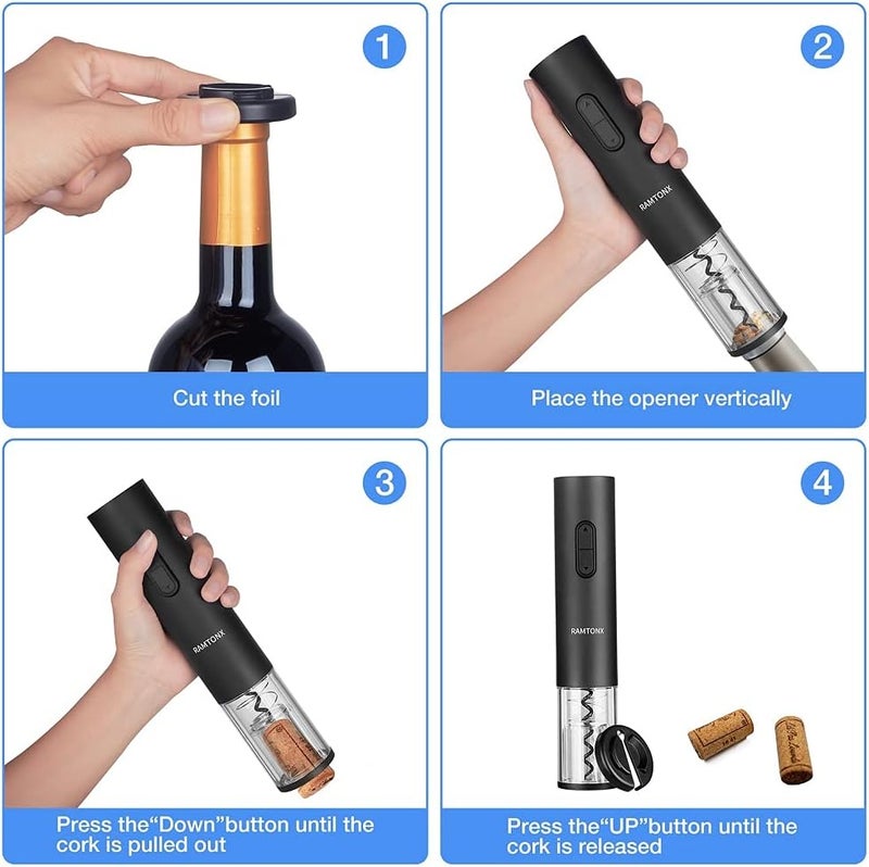 Ramtonx Electric Wine Bottle Opener, Wine Opener Corkscrew Key Set with Foil Cutter,Automatic Reusable Easy Carry Black Wine Opener Gift for Waiter Women in Home Kitchen Party Bar Outdoor - Image 3
