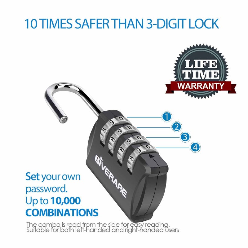 GIVERARE 4 Pack Combination Lock, 4-Digit Padlock Keyless, Resettable Luggage Locks for Backpack, Gym & School & Employee Locker, Weatherproof Travel Lock for Fence, Backyard Gate, Hasp, Case-Black - Image 3