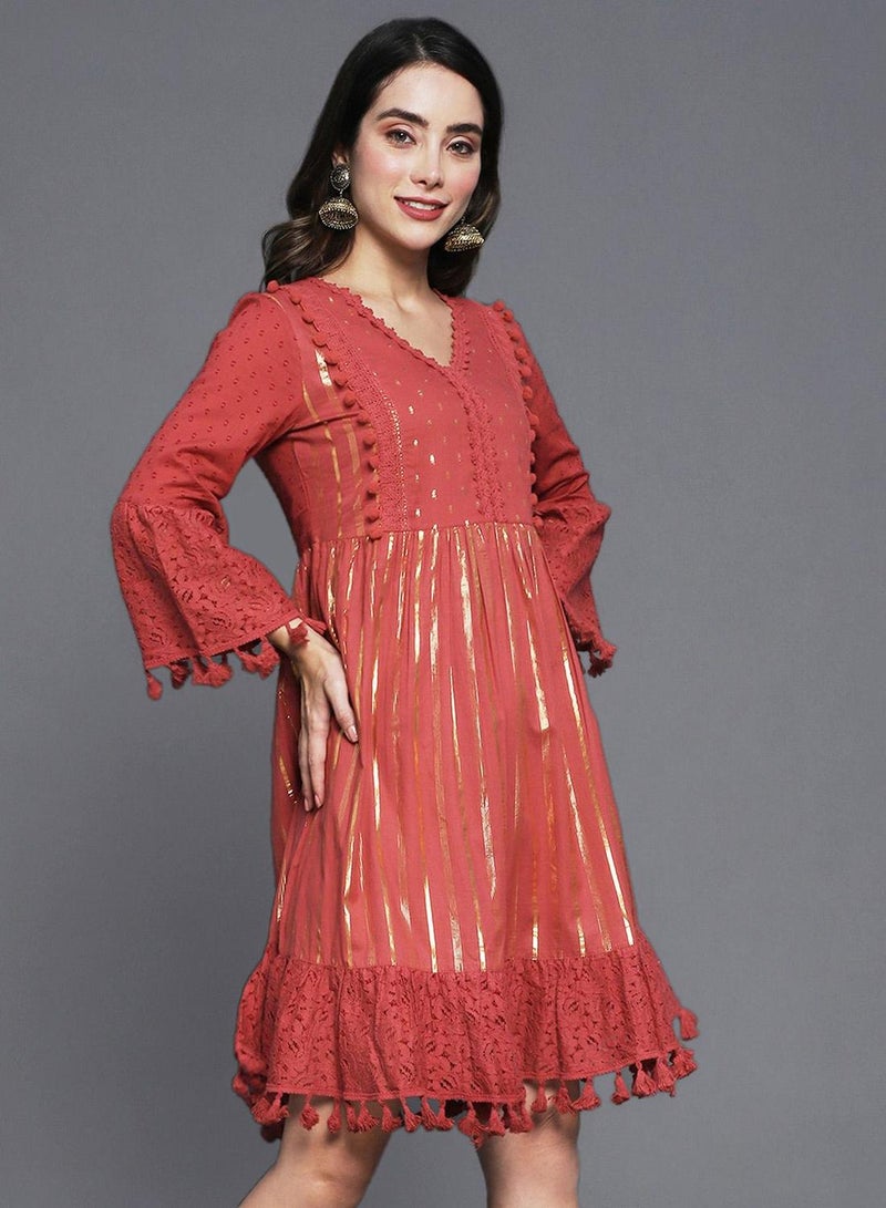 ISHIN Women's Maroon Lurex Embellished A-Line Dress - Image 3