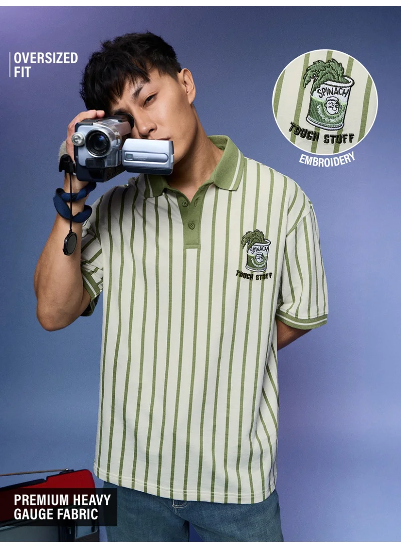 The Souled Store The Souled Store Men Popeye Striped Embroidered Light Green Oversized Polos