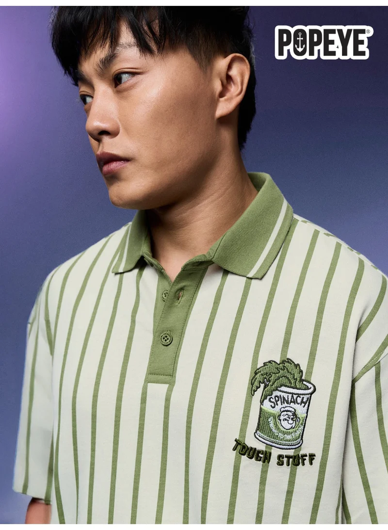 The Souled Store The Souled Store Men Popeye Striped Embroidered Light Green Oversized Polos