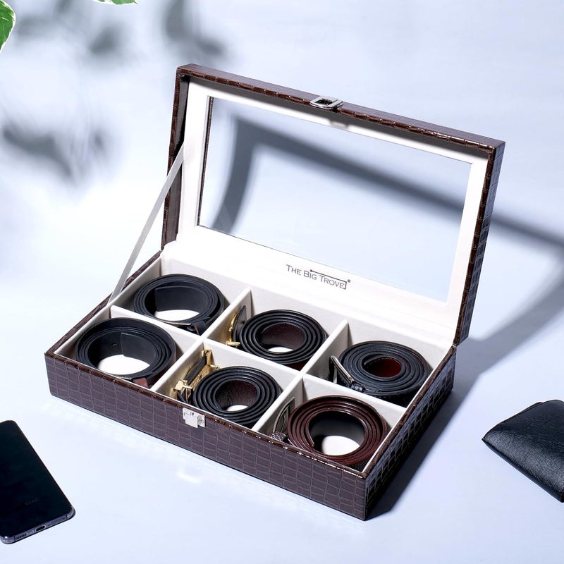 La Trove La Trove Luxury Belt Box Organizer for Belts Premium Vegan Leather Belt Storage Case with 6 Slots Stylish Durable Belt Display Box for Home Closet and Travel 6 Slots Belt Box Brown - Image 1
