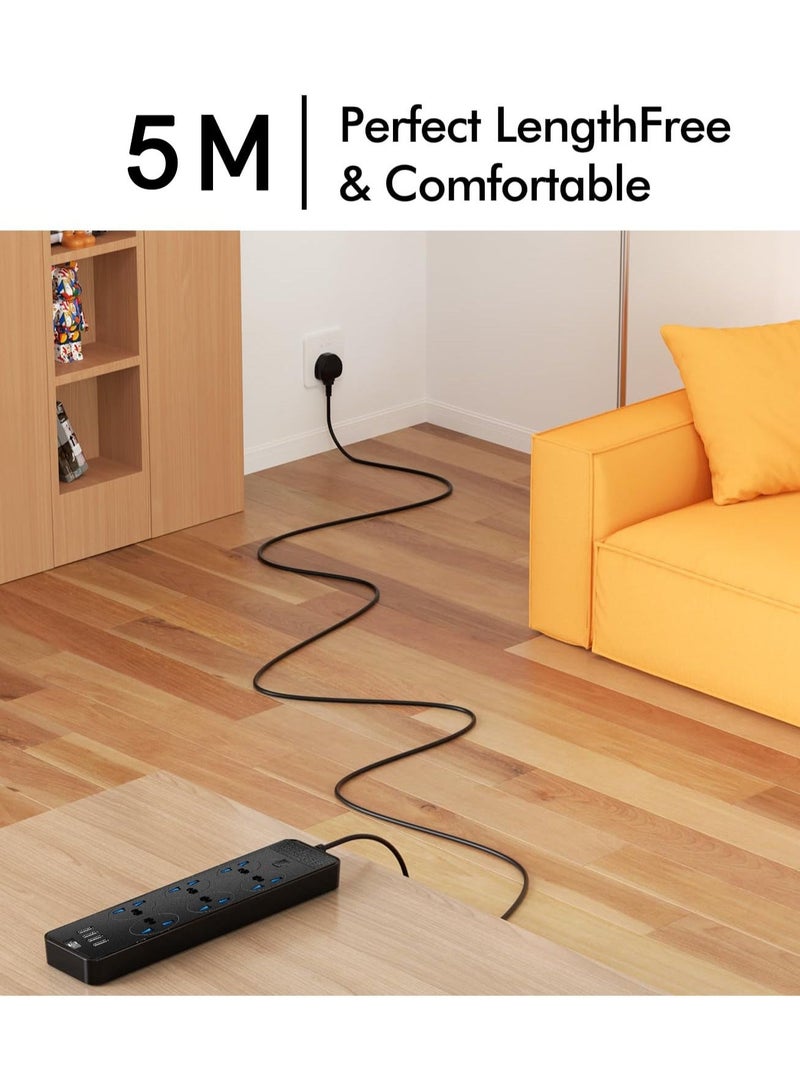 Universal Power Strips Extension Lead Outlets, All in one Wall Plug Adapter with 4 (3.1A) USB Hub and 6 Gang Smart Electrical Sockets,Surge Protection UK Plug Cable Cord for Home Office（5M/16.5FT） - Image 3
