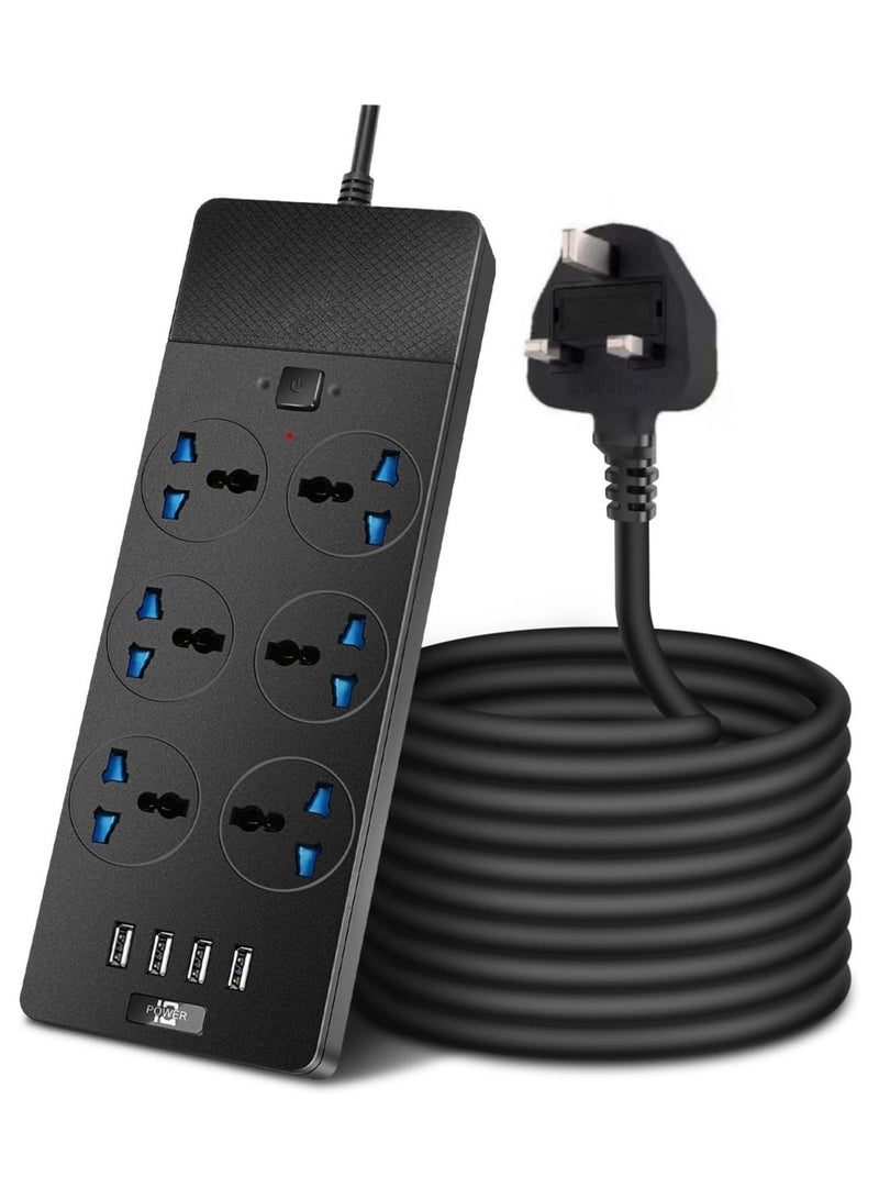 Universal Power Strips Extension Lead Outlets, All in one Wall Plug Adapter with 4 (3.1A) USB Hub and 6 Gang Smart Electrical Sockets,Surge Protection UK Plug Cable Cord for Home Office（5M/16.5FT） - Image 1