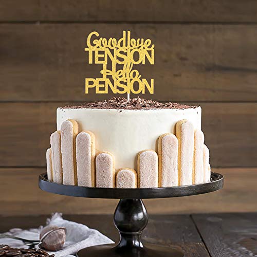 PANHUI PHOHUI HAVE A NICE TIME Goodbye Tension Hello Pension Cake Topper,Double Sided Gold Glitter Happy Retirement Party Decorations Leaving Party Sign. - Image 3