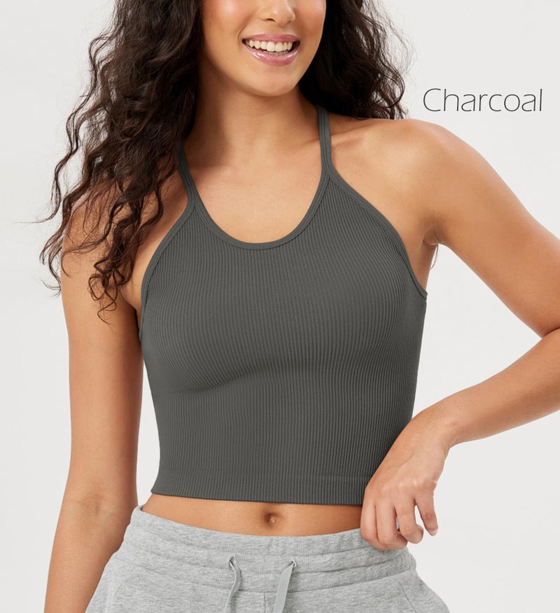 ODODOS Women's Crop Camisole 3-Pack Seamless Rib-Knit Crop Tank Tops, Long Crop, Charcoal+Dusty Blue+Bark, X-Small/Small - Image 2