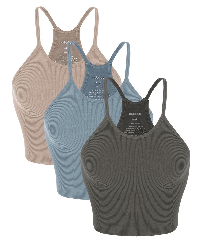 ODODOS Women's Crop Camisole 3-Pack Seamless Rib-Knit Crop Tank Tops, Long Crop, Charcoal+Dusty Blue+Bark, X-Small/Small - Image 1