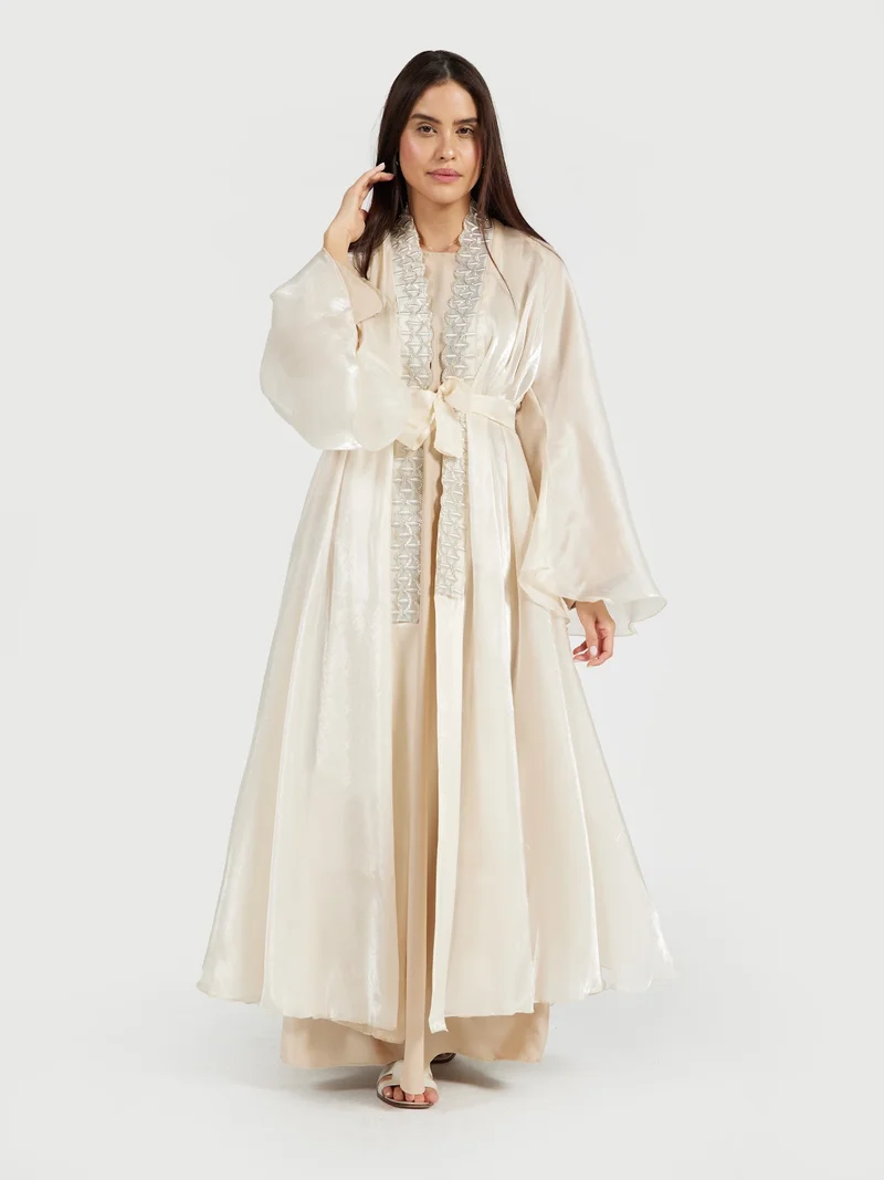 Reem Abayas Women's Luxury Champagne Organza Shimmer Abaya with Belt