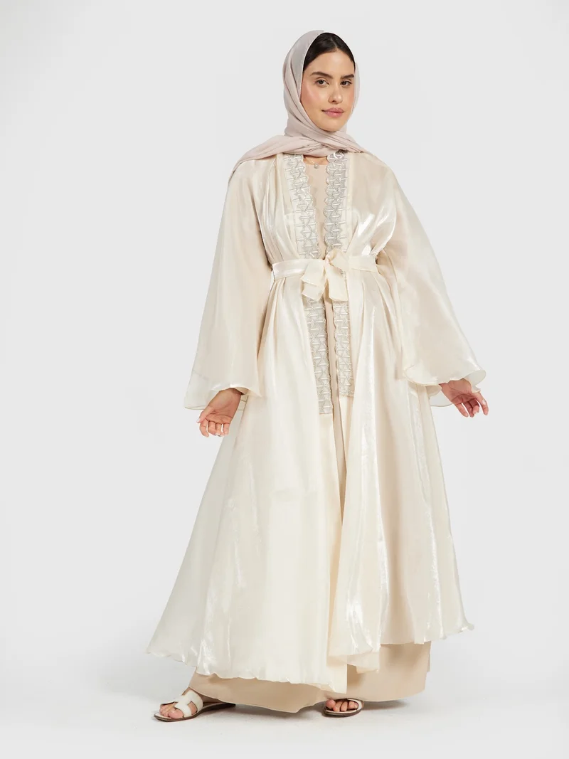 Women's Luxury Champagne Organza Shimmer Abaya with Belt