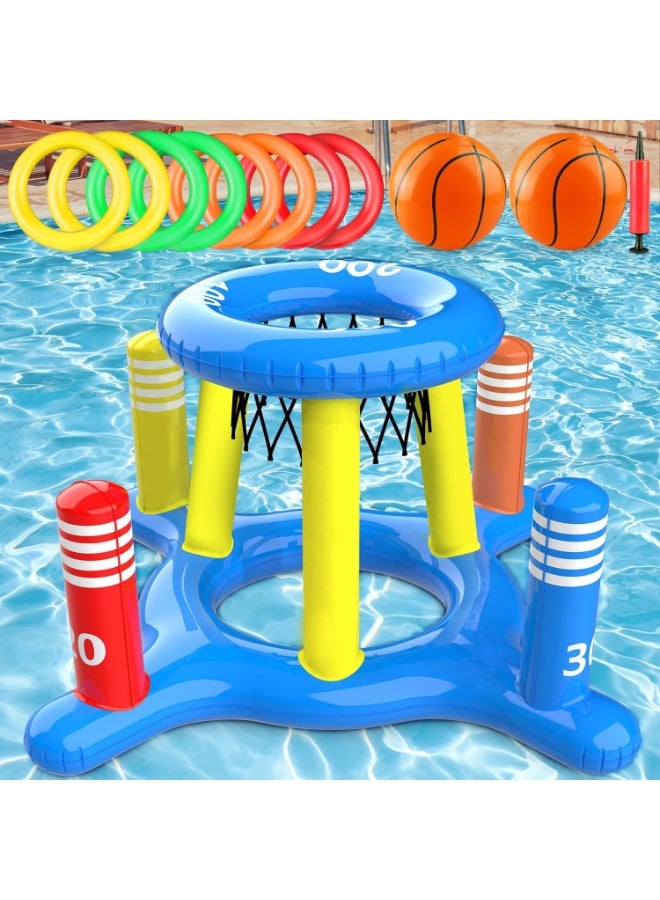 11PCS Pool Toys for Kids Adult, 2in1 Inflatable Pool Floats Basketball Hoop & Ring Game, Swimming Pool Games for Adults and Family, Outdoor Party Poolside Water Toy - Image 1