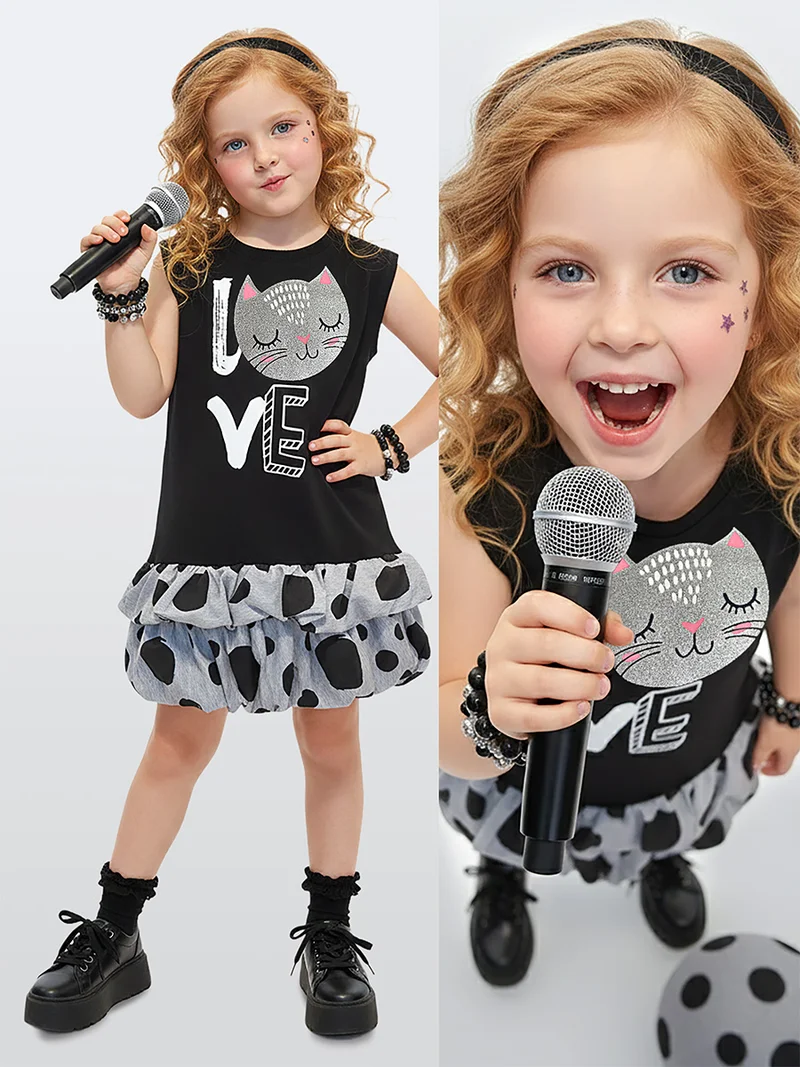 دينوكيدس فستان قطني غني للبنات بلمعان قطة للربيع والصيف