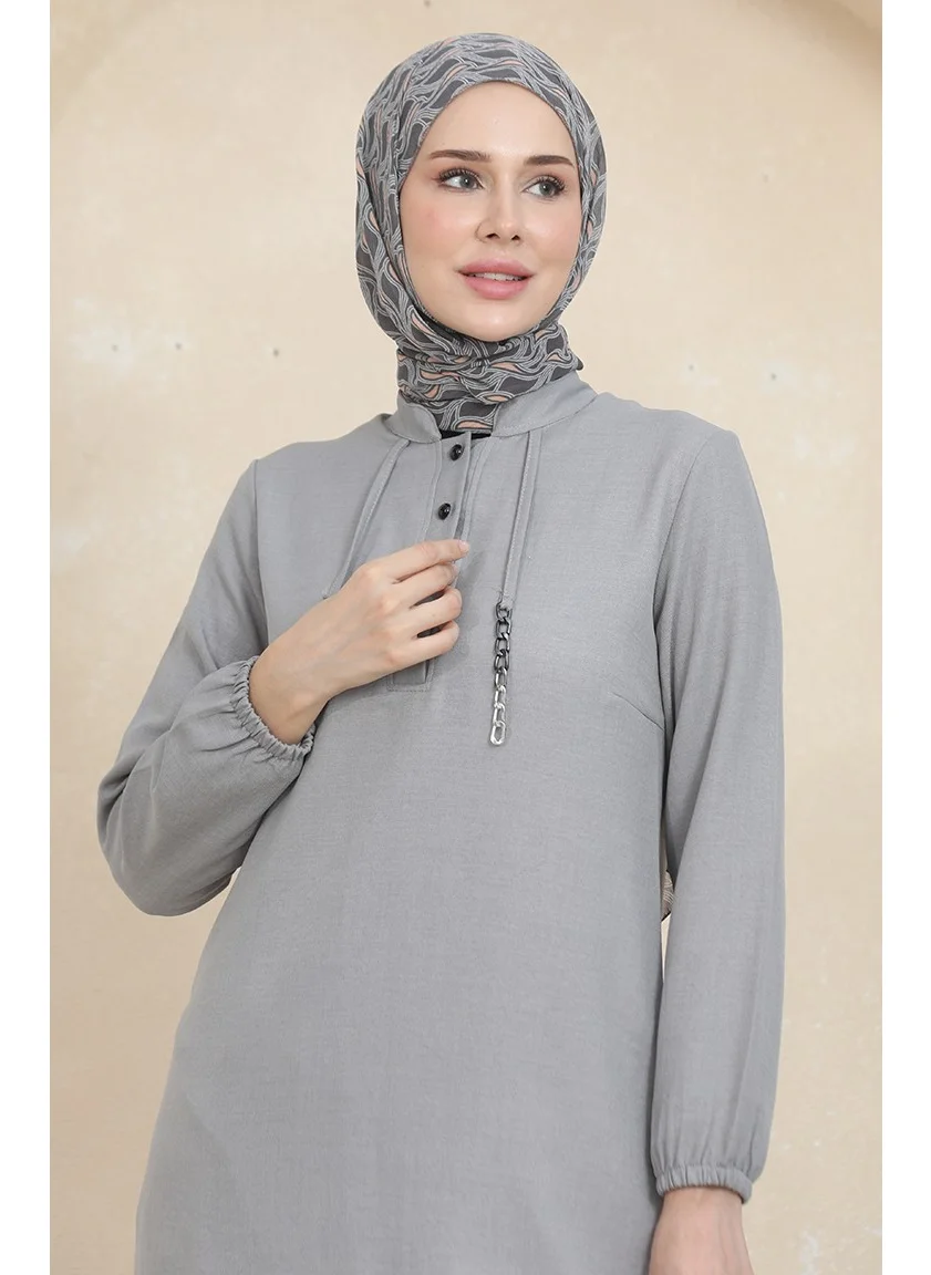 Sefa Merve Button Detailed Tunic Trousers Two Piece Suit 1004-05 Gray