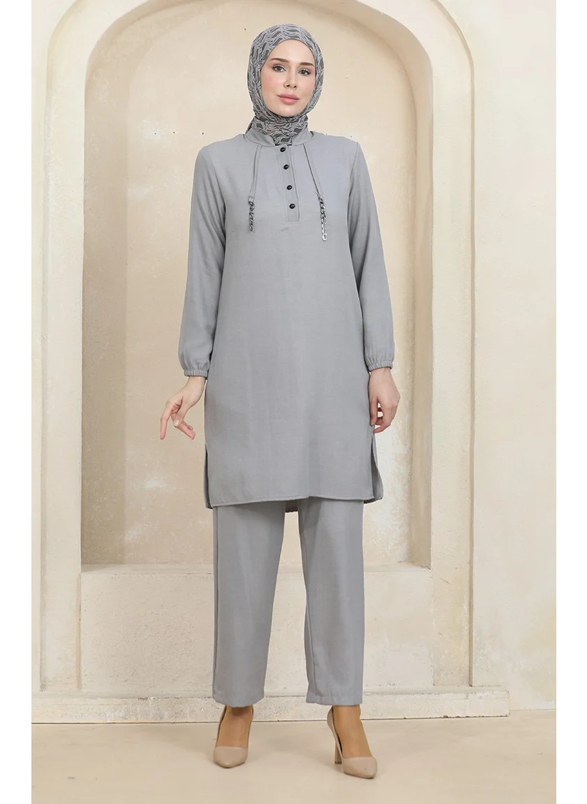 Sefa Merve Button Detailed Tunic Trousers Two Piece Suit 1004-05 Gray