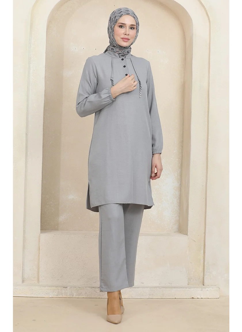 Sefa Merve Button Detailed Tunic Trousers Two Piece Suit 1004-05 Gray