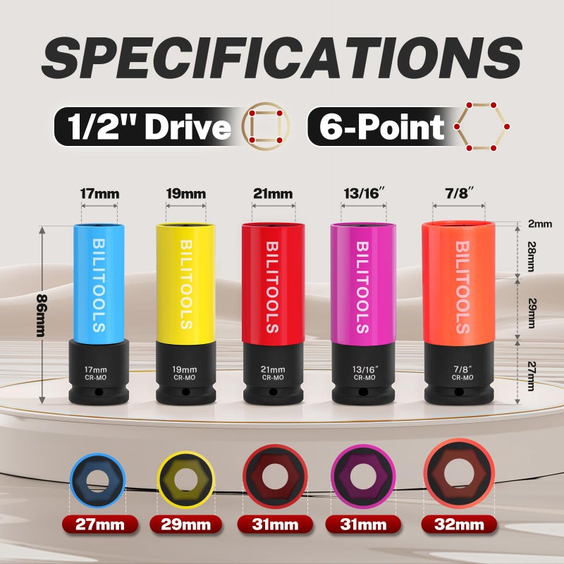 BILITOOLS 1/2 inch Drive Impact Lug Nut Socket Set, Metric 17-19 - 21 mm & SAE 13/16-7/8 inch Non-Marring Thin Wall Wheel Nut Socket - Image 2