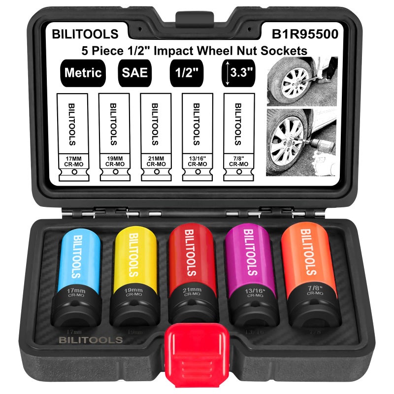 BILITOOLS 1/2 inch Drive Impact Lug Nut Socket Set, Metric 17-19 - 21 mm & SAE 13/16-7/8 inch Non-Marring Thin Wall Wheel Nut Socket - Image 1